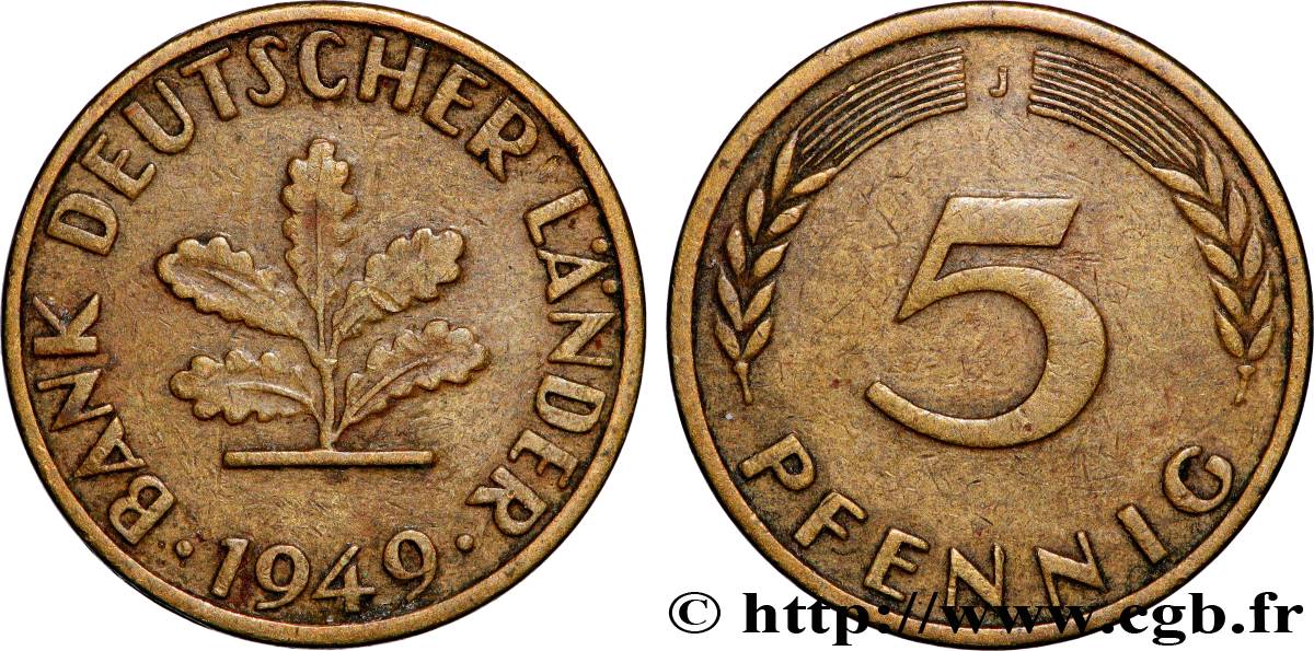 ALLEMAGNE 5 Pfennig “Bank deutscher Länder” 1949 Hambourg - J TTB+ 