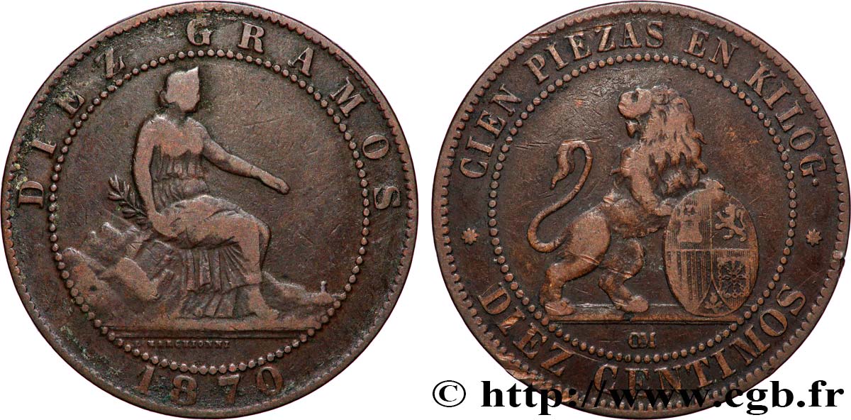 ESPAGNE 10 Centimos monnayage provisoire “ESPAÑA” assise / lion au bouclier 1870 Oeschger Mesdach & CO TB+ 