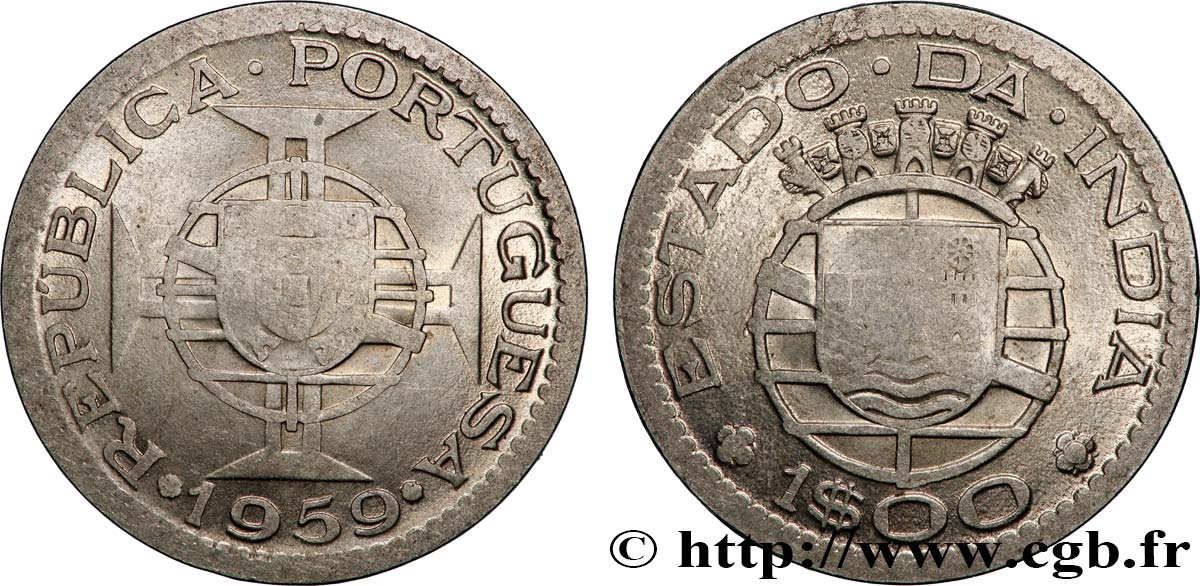 INDE PORTUGAISE 1 Escudo emblème du Portugal / emblème de l’État portugais de l Inde 1959 Lisbonne SUP 
