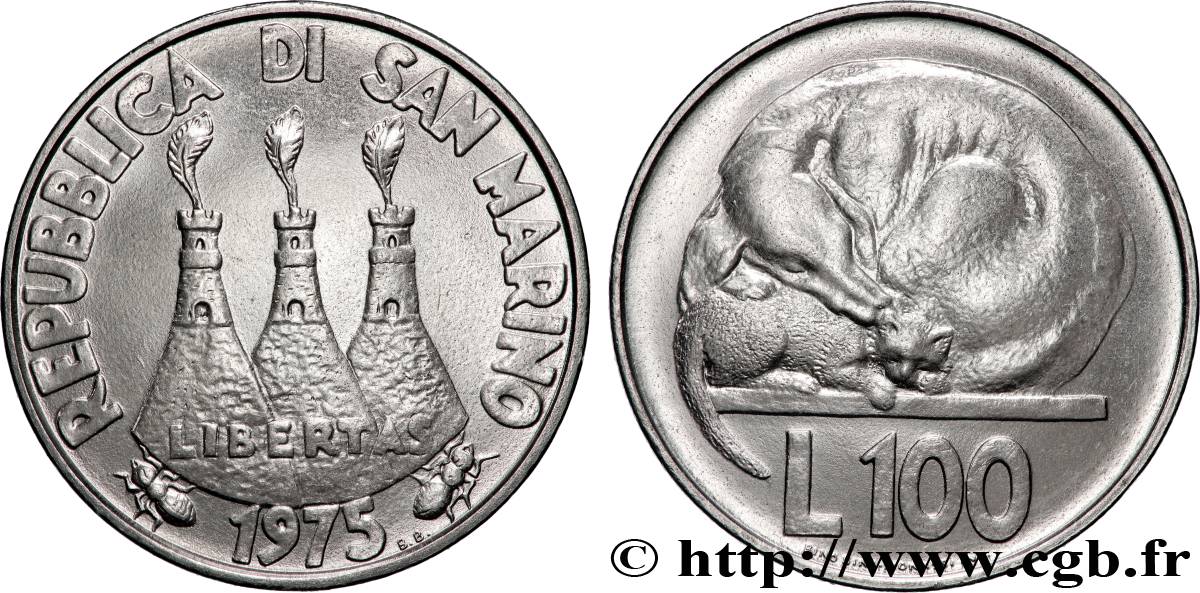 SAN MARINO 100 Lire 3 tours / chien et chat  1975 Rome AU 