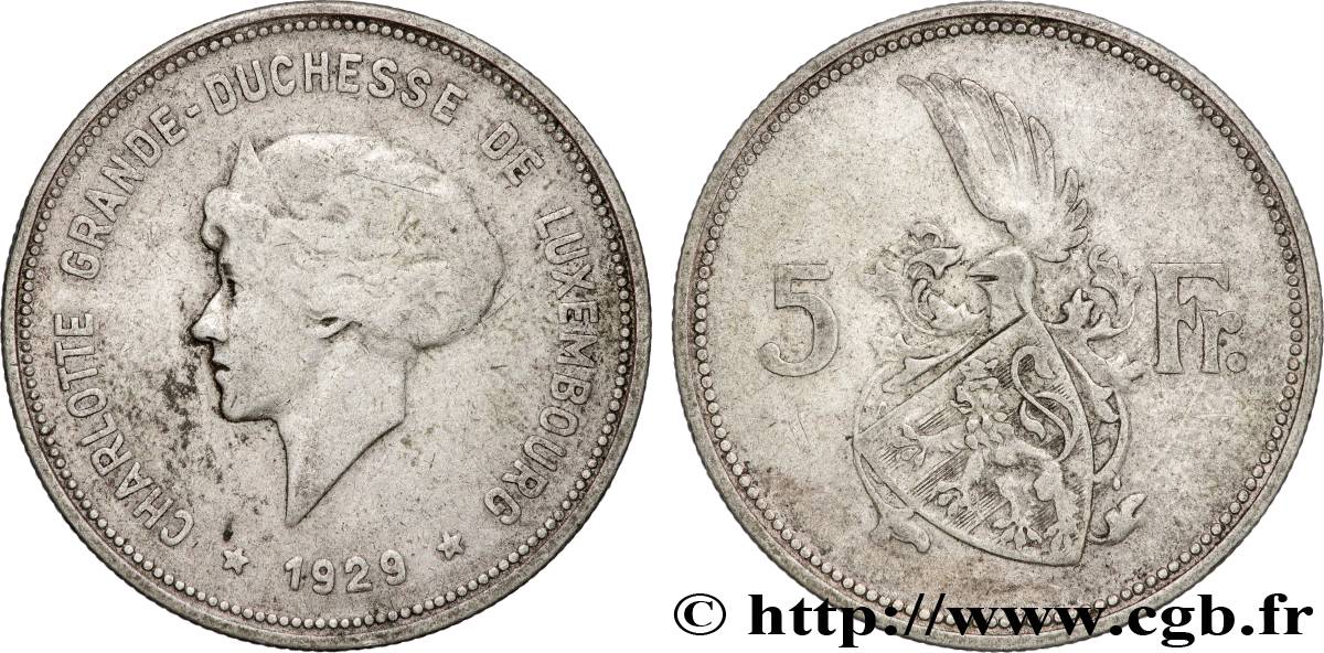 LUXEMBOURG 5 Francs Grande-Duchesse Charlotte 1929 Stuttgart TB+ 