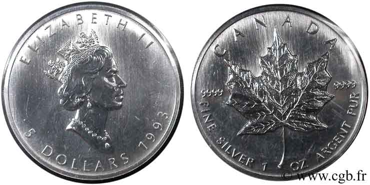 CANADá
 5 Dollars (1 once) feuille d’érable / Elisabeth II 1993  FDC 