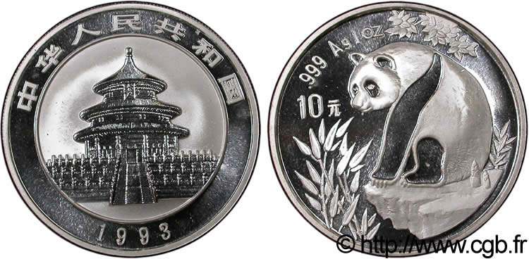 CHINA 10 Yuan BE Panda / temple du Paradis 1993  MS 