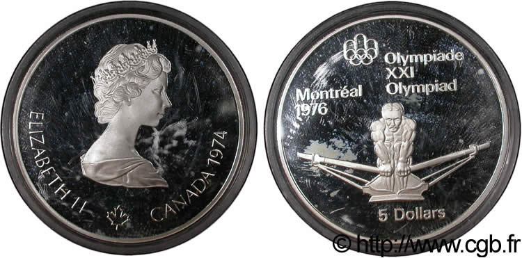 CANADá
 5 Dollars Proof JO Montréal 1976 rameur / Elisabeth II 1974  FDC 