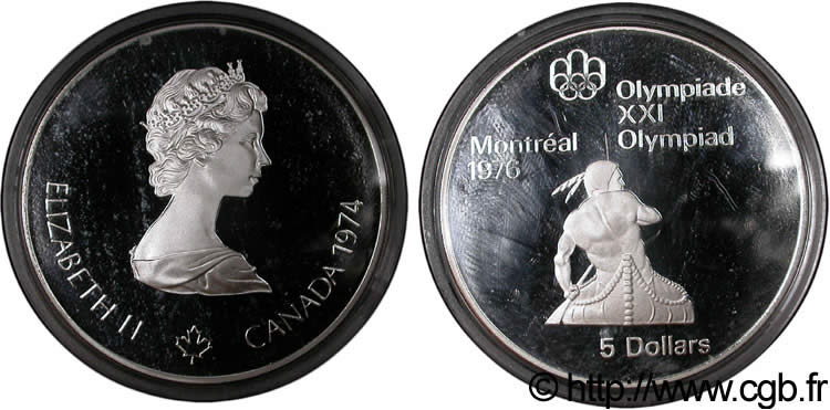 KANADA 5 Dollars Proof JO Montréal 1976 indien sur canoë / Elisabeth II 1974  ST 