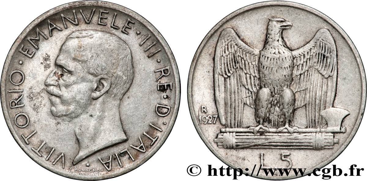 ITALIE 5 Lire Victor Emmanuel III 1927 Rome - R TB+ 