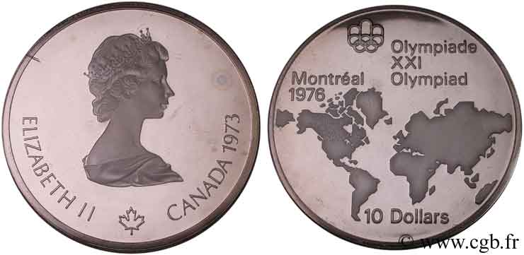 CANADá
 10 Dollars Proof JO Montréal 1976 carte du Monde / Elisabeth II 1973  FDC 
