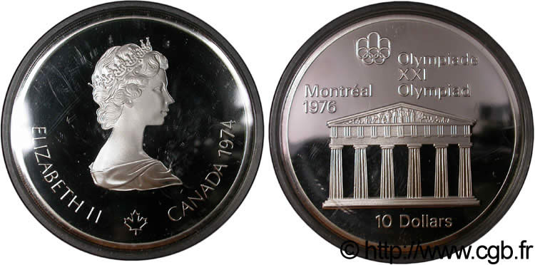 CANADá
 10 Dollars Proof JO Montréal 1976 temple de Zeus / Elisabeth II 1974  FDC 