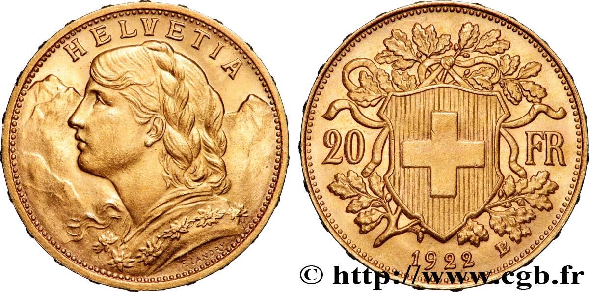 GOLD, PALLADIUM & PLATINUM INVESTMENT 20 Francs  Vreneli   1922 Berne AU 