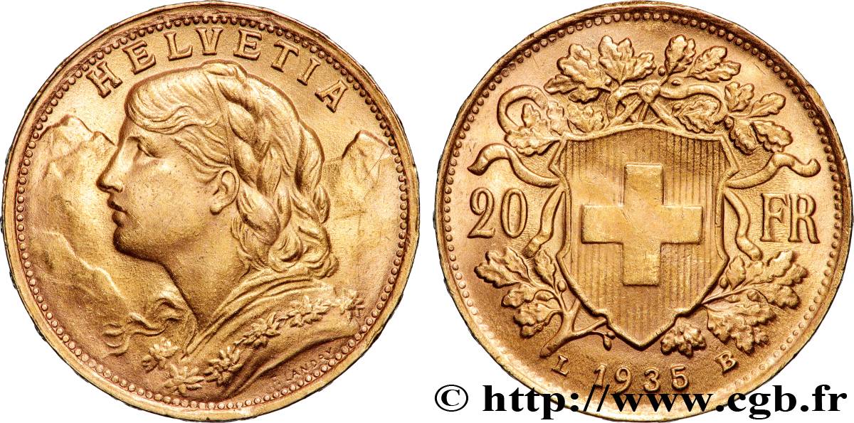 OR, PALLADIUM ET PLATINE INVESTISSEMENT 20 Francs  Vreneli  1935 Berne SUP 