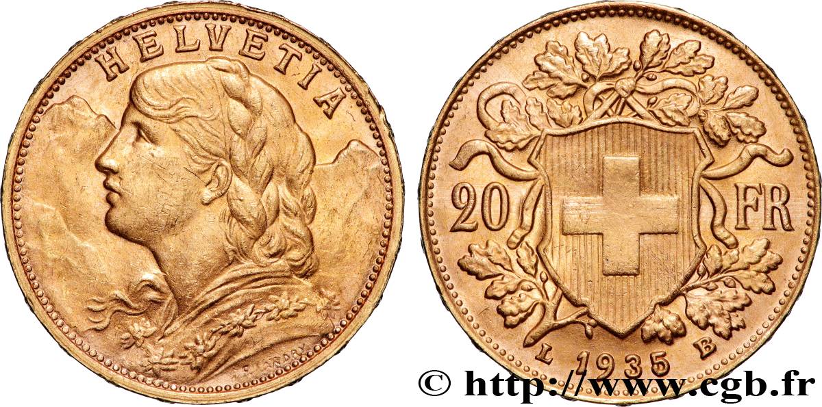 OR, PALLADIUM ET PLATINE INVESTISSEMENT 20 Francs  Vreneli  1935 Berne SUP 