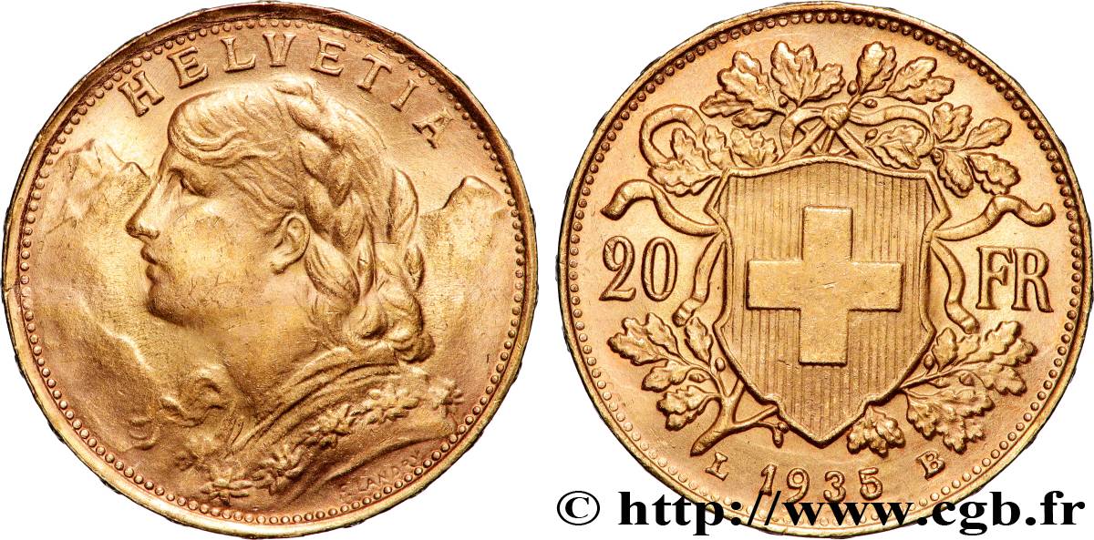 GOLD, PALLADIUM & PLATINUM INVESTMENT 20 Francs  Vreneli  1935 Berne AU 
