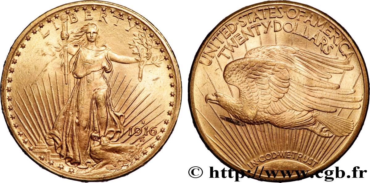 GOLD, PALLADIUM & PLATINUM INVESTMENT 20 Dollars  Saint-Gaudens” 1916 San Francisco AU 