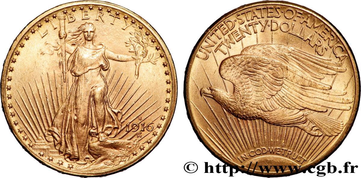 OR, PALLADIUM ET PLATINE INVESTISSEMENT 20 Dollars  Saint-Gaudens” 1916 San Francisco TTB+ 