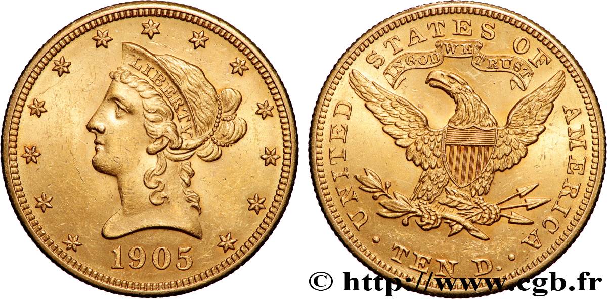 GOLD, PALLADIUM & PLATINUM INVESTMENT 10 Dollars  Liberty  1905 Philadelphie AU 