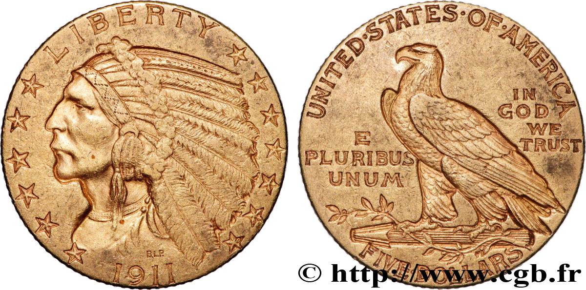 OR, PALLADIUM ET PLATINE INVESTISSEMENT 5 Dollars  Indian Head  1911 Philadelphie TTB 