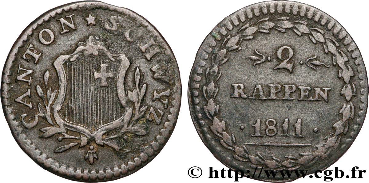 SUISSE - CONFÉDÉRATION HELVÉTIQUE - CANTON DE SCHWYTZ 2 Rappen 1811  XF 