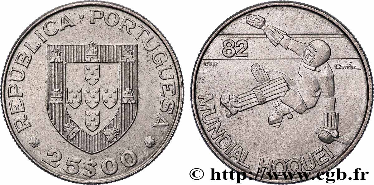 PORTUGAL 25 Escudos Mondial de Rink Hockey : emblème / hockey 1982 Lisbonne SUP 