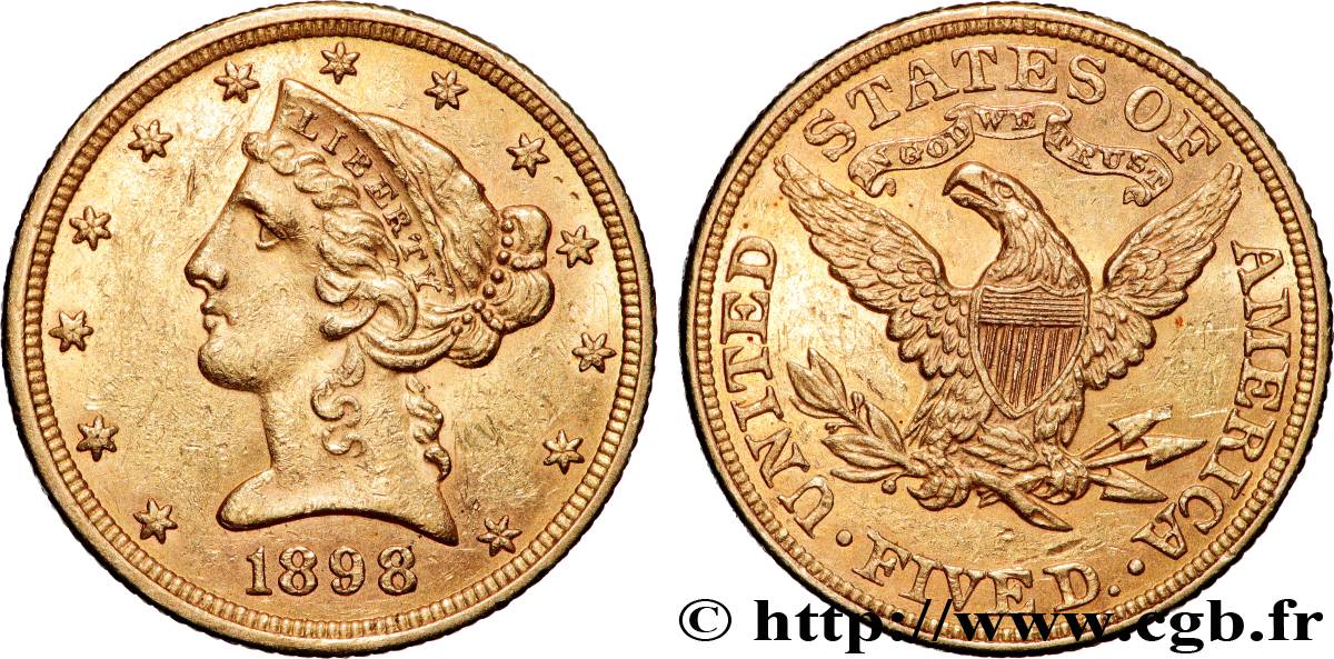 OR, PALLADIUM ET PLATINE INVESTISSEMENT 5 Dollars  Liberty  1898 Philadelphie TTB+ 
