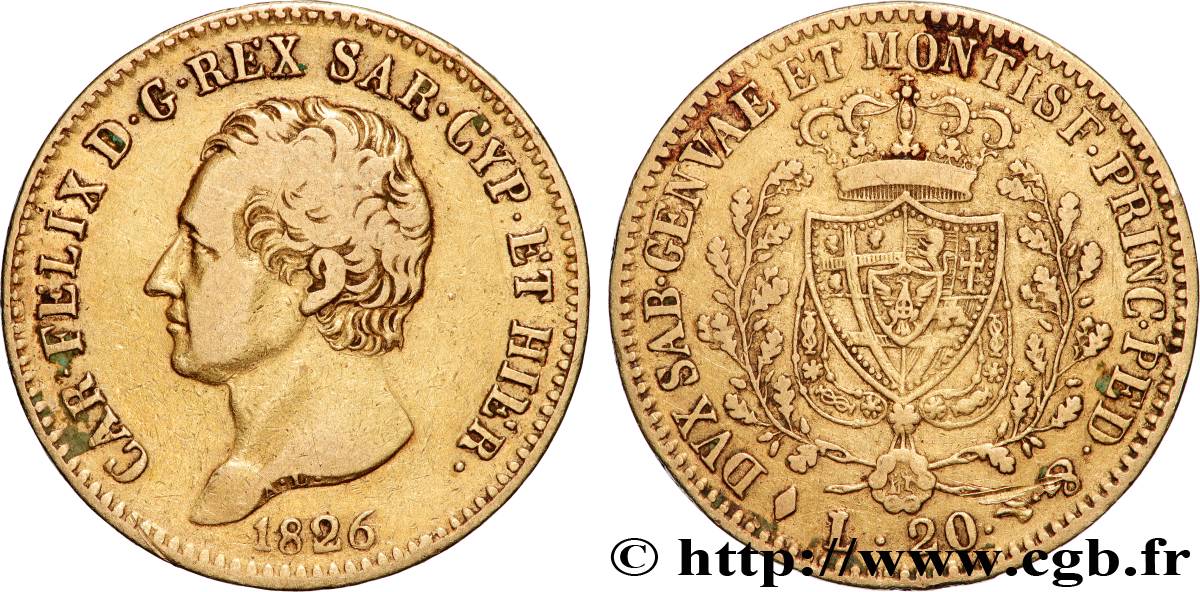 OR, PALLADIUM ET PLATINE INVESTISSEMENT 20 Lire  1826 Turin TTB 