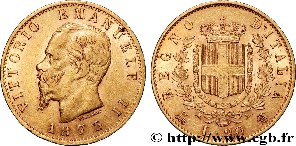 GOLD, PALLADIUM & PLATINUM INVESTMENT 20 Lire Victor Emmanuel II 1873 Milan XF 