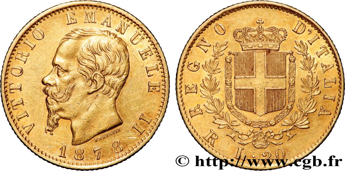 GOLD, PALLADIUM & PLATINUM INVESTMENT 20 Lire Victor Emmanuel II 1878 Rome AU 