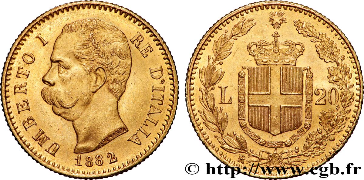 GOLD, PALLADIUM & PLATINUM INVESTMENT 20 Lire Umberto Ier 1882 Rome AU 