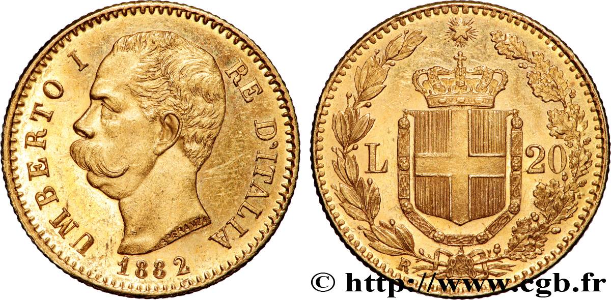 GOLD, PALLADIUM & PLATINUM INVESTMENT 20 Lire Umberto Ier 1882 Rome AU 