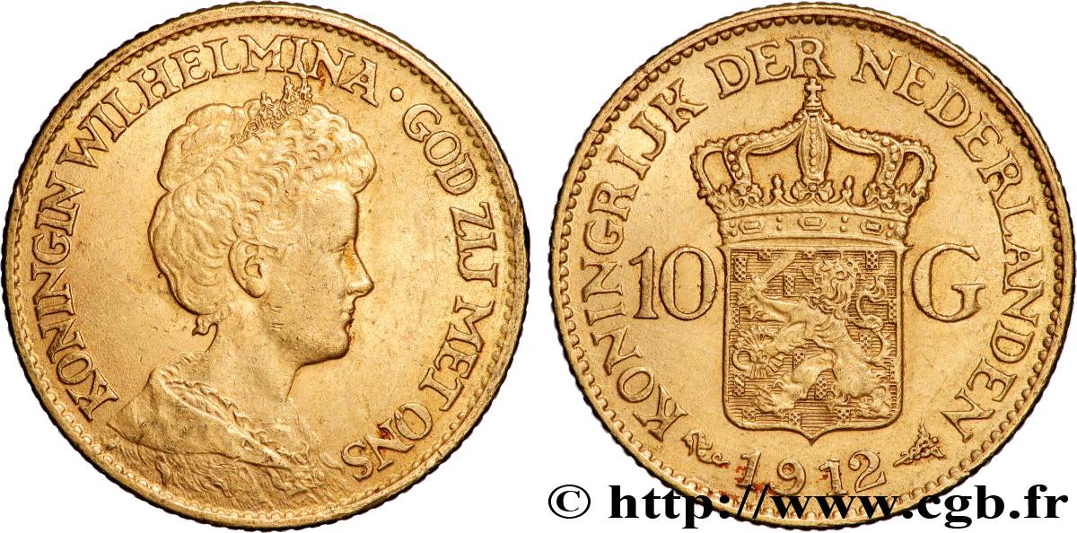 OR, PALLADIUM ET PLATINE INVESTISSEMENT 10 Guldens or ou 10 Florins Wilhelmine 1912 Utrecht TTB+ 