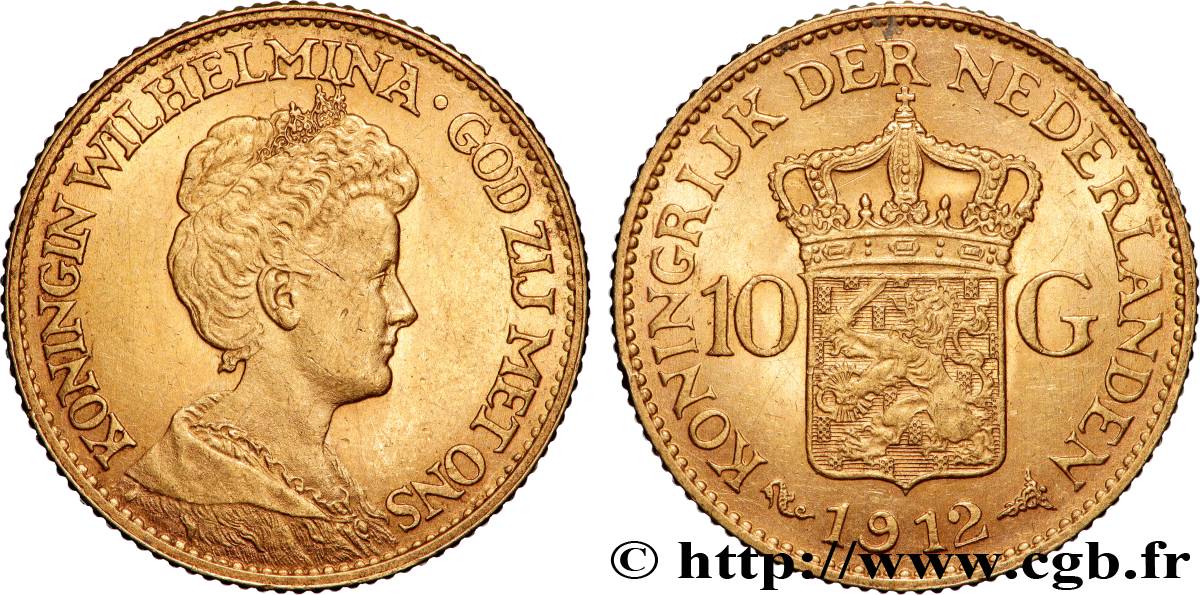 OR, PALLADIUM ET PLATINE INVESTISSEMENT 10 Guldens or ou 10 Florins Wilhelmine 1912 Utrecht TTB+ 