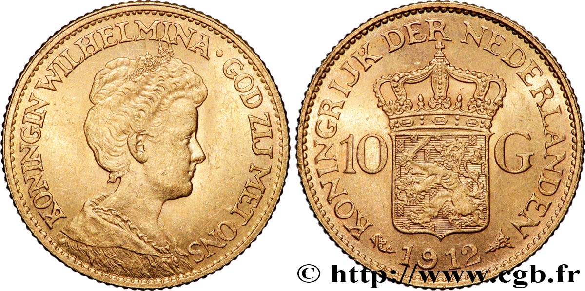 GOLD, PALLADIUM & PLATINUM INVESTMENT 10 Guldens or ou 10 Florins Wilhelmine 1912 Utrecht AU 