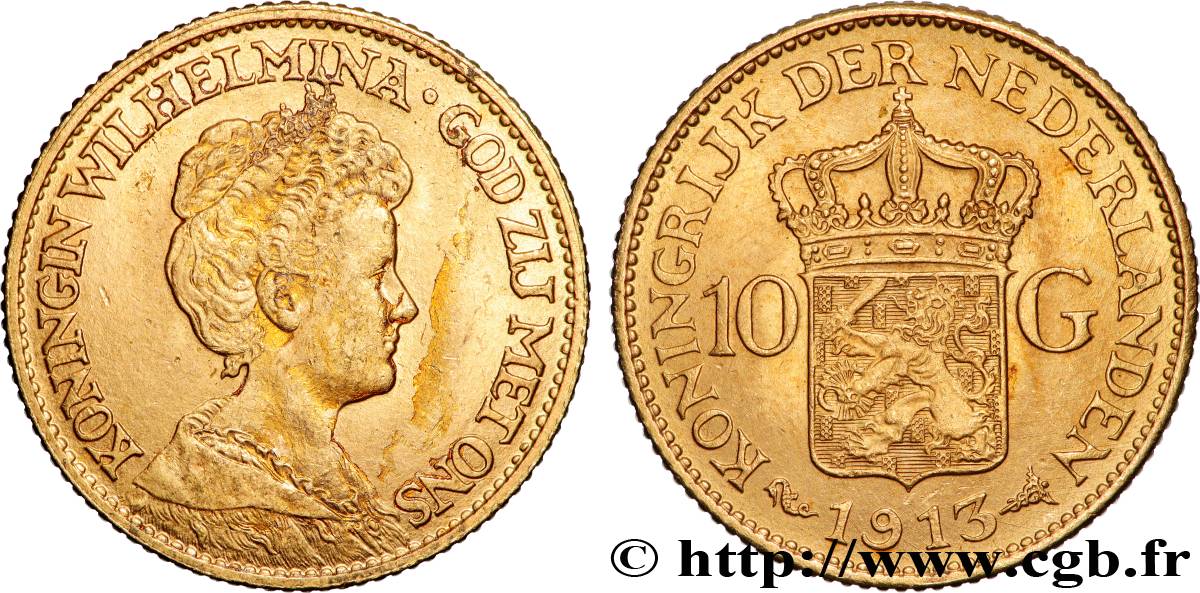 OR, PALLADIUM ET PLATINE INVESTISSEMENT 10 Gulden Wilhelmina 1913 Utrecht TTB+ 