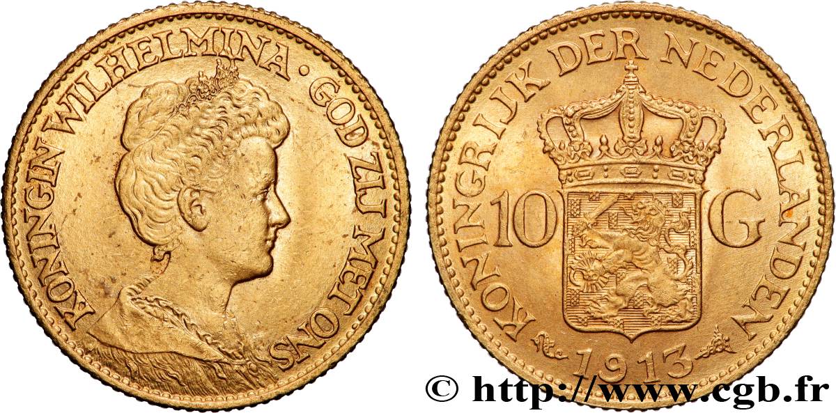OR, PALLADIUM ET PLATINE INVESTISSEMENT 10 Gulden Wilhelmina 1913 Utrecht TTB+ 