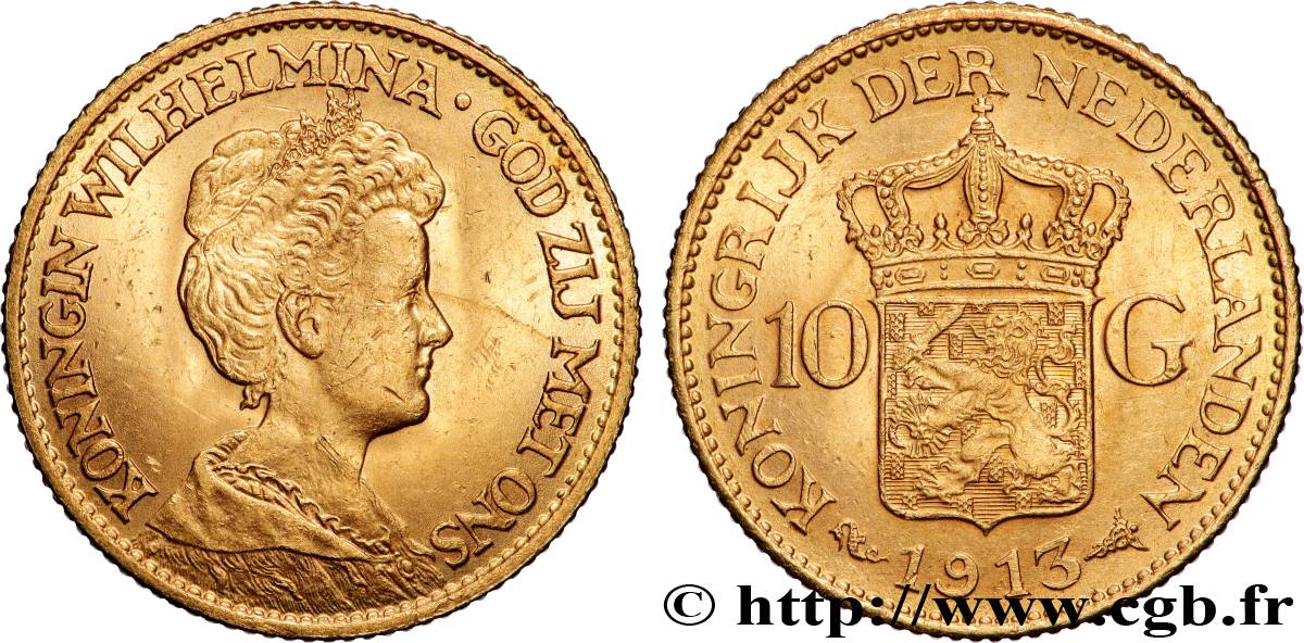 OR, PALLADIUM ET PLATINE INVESTISSEMENT 10 Gulden Wilhelmina 1913 Utrecht TTB+ 