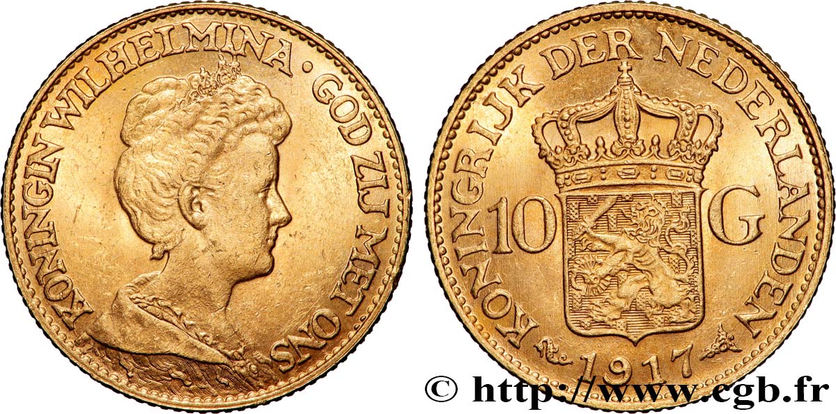OR, PALLADIUM ET PLATINE INVESTISSEMENT 10 Gulden, 3e type Wilhelmina 1917 Utrecht TTB+ 