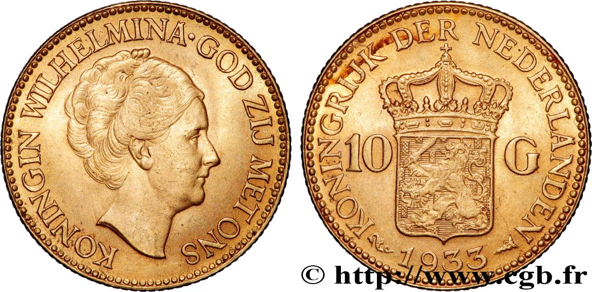 OR, PALLADIUM ET PLATINE INVESTISSEMENT 10 Gulden 4e type Wilhelmina 1933 Utrecht SUP 