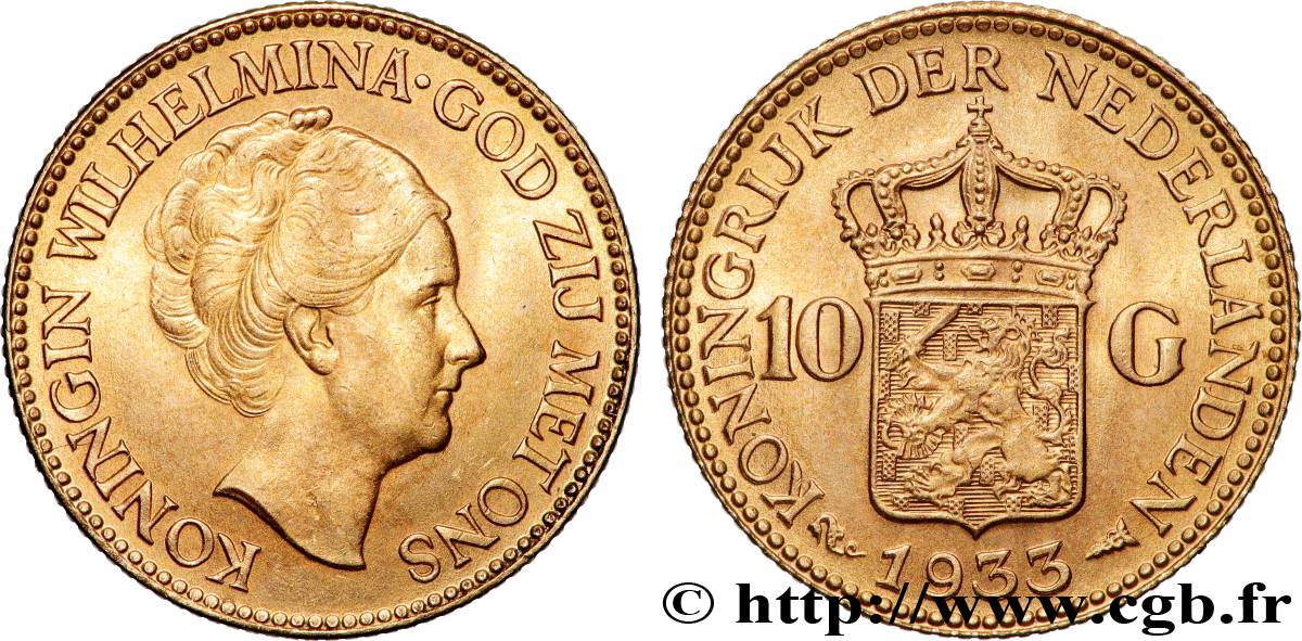 OR, PALLADIUM ET PLATINE INVESTISSEMENT 10 Gulden 4e type Wilhelmina 1933 Utrecht SUP 