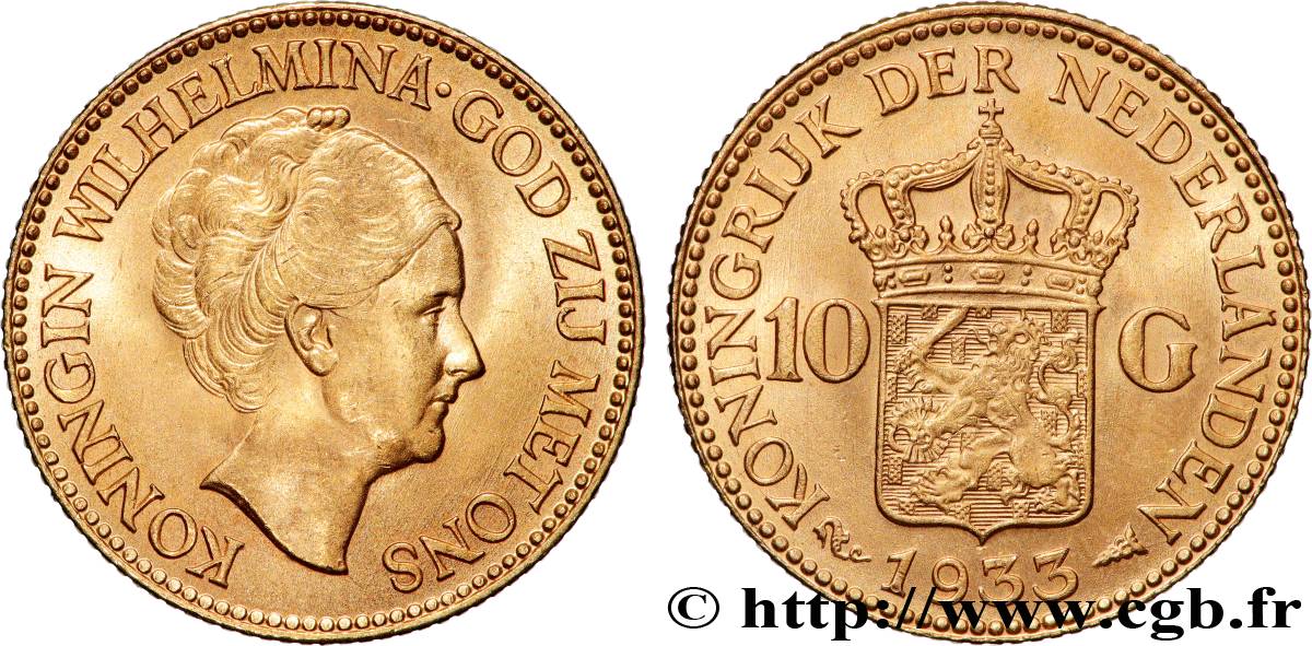 GOLD, PALLADIUM & PLATINUM INVESTMENT 10 Gulden 4e type Wilhelmina 1933 Utrecht AU 
