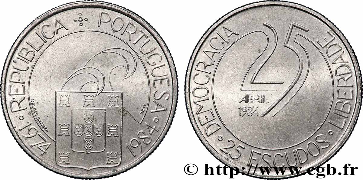PORTUGAL 25 Escudos 10e anniversaire de la révolution des oeillets 1984  AU 