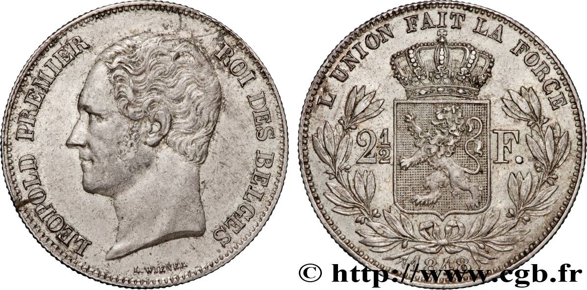 BELGIQUE - ROYAUME DE BELGIQUE - LÉOPOLD Ier 2 1/2 Francs, 2e type, petite tête nue 1848 Bruxelles TTB+ 