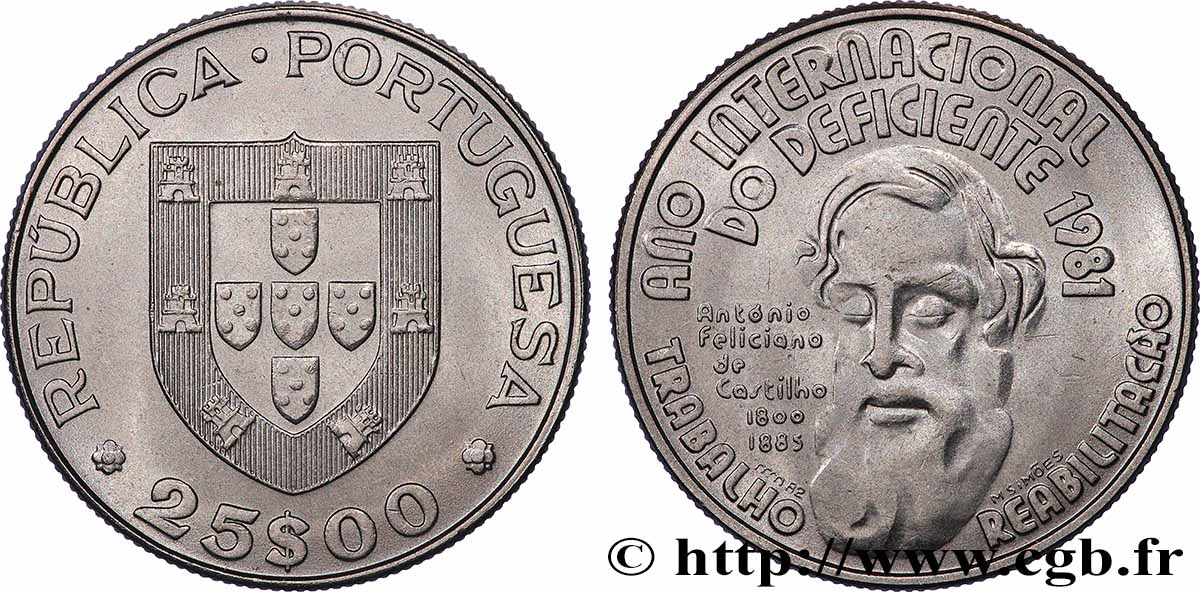 PORTUGAL 25 Escudos année internationale des handicapés 1981 Lisbonne SUP 