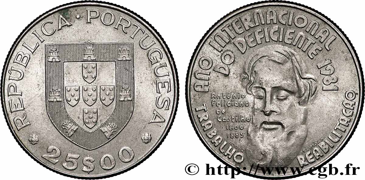 PORTUGAL 25 Escudos année internationale des handicapés 1981 Lisbonne SUP 