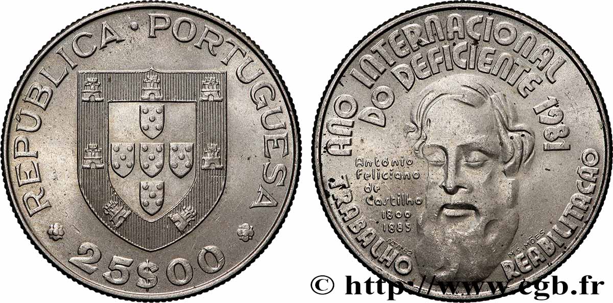 PORTUGAL 25 Escudos année internationale des handicapés 1981 Lisbonne AU 