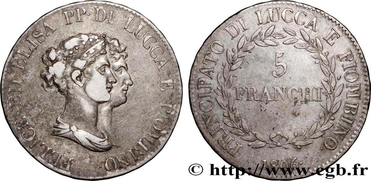 ITALY - PRINCIPALTY OF LUCCA AND PIOMBINO - FELIX BACCIOCHI AND ELISA BONAPARTE 5 Franchi, bustes moyens 1806 Florence XF 