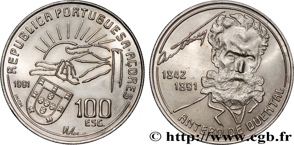 AÇORES 100 Escudos 100e anniversaire de la mort du poète Antero de Quental 1991 Lisbonne SUP 