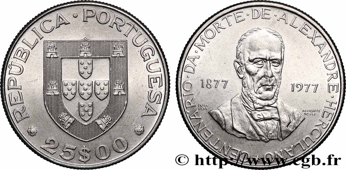 PORTUGAL 25 Escudos centenaire de la mort de l’écrivain Alexandre Herculano 1977 Lisbonne SUP 