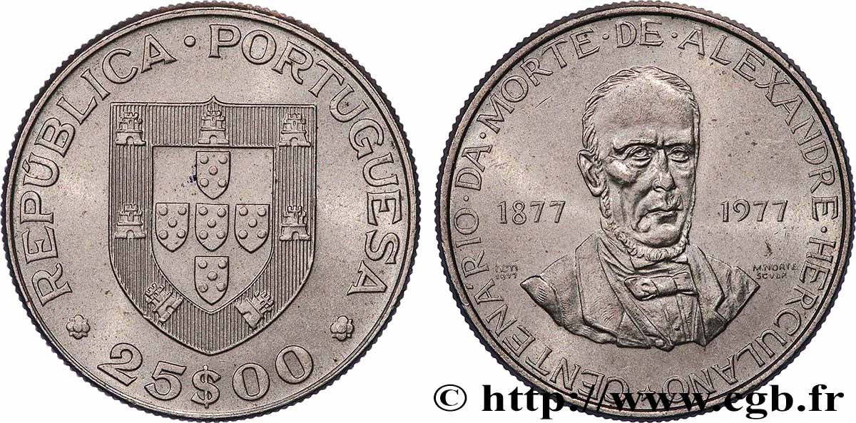 PORTOGALLO 25 Escudos centenaire de la mort de l’écrivain Alexandre Herculano 1977 Lisbonne SPL 