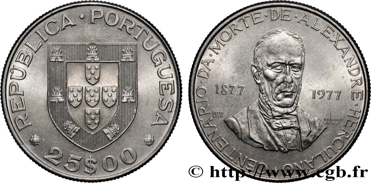 PORTUGAL 25 Escudos centenaire de la mort de l’écrivain Alexandre Herculano 1977 Lisbonne AU 