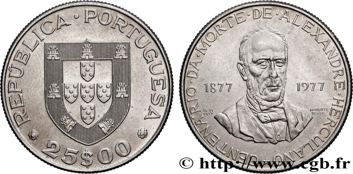 PORTUGAL 25 Escudos centenaire de la mort de l’écrivain Alexandre Herculano 1977 Lisbonne SUP 
