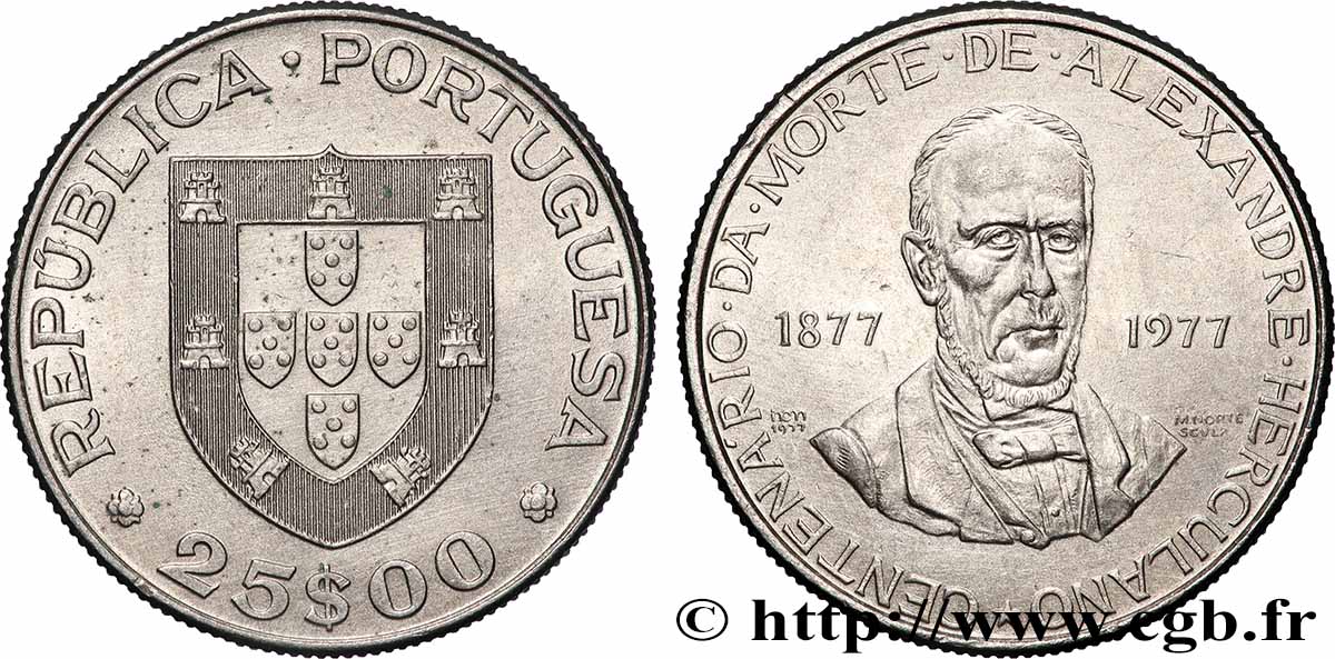 PORTUGAL 25 Escudos centenaire de la mort de l’écrivain Alexandre Herculano 1977 Lisbonne AU 